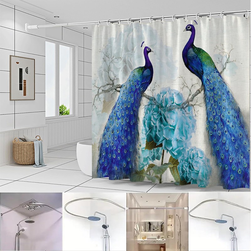 Yadshoti Peacock Shower Curtains Blue Beautiful Bird Flower Plant Watercolor