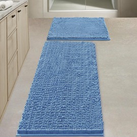BOANKODU Bathroom Rugs Sets 2 Piece，47X16+16X24Inch，Absorbent Non-Slip Very Soft Chenille Mat,Machine Washable（Fog Blue）