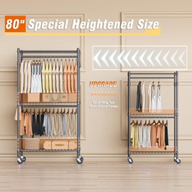 Homdox Garment Rack Heavy Duty, 3 Tier Rolling Clothing Racks for Hanging Clothes, Metal Wardrobe Closet, Free-Standing Clothes Organizer Rack with Double Rods & Side hooks, Gray