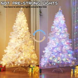 Juegoal 6 FT Artificial Christmas Tree (NOT Pre-Strung) with Remote Control, 300 LED Warm White & Multicolor Changing Lights, Fake Xmas Pine Tree with Metal Legs, 850 Branch Tips, White