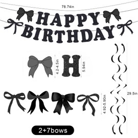 Black Bow Birthday Party Decorations for Girls and Women, Coquette Birthday Banner and Hanging Swirls, Cute Pinks Bow Party Decor for Baby Shower, Bachelorette (Black)