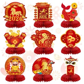 9 Pcs 2026 Chinese New Year Honeycomb Centerpiece Red Gold Spring Festival Table Decorations Lunar New Year Table Signs for Year of the Horse New Year Party Favor Supplies