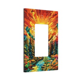 Forest Sun Hippie Boho Mountain Light Switch Cover Plates 1 Gang Single Rocker Wall Plate Decorative Electrical Faceplate for Bathroom Bedroom Home Decor Accessories 5" x 3"