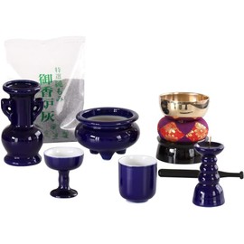 Buddhist Altar Set Lapis Lazuli Color Solid Ruri Ceramic 5-Piece + Bell Set with Incense Ash for Modern Mini Buddhist Altar
