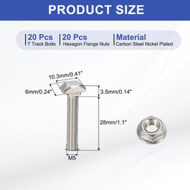 PATIKIL M5 x 30 mm T-Slot Bolts, 1 Set Drop-in Bolt Hammer Head with Hexagon Flange Nuts T-Bolt Stud Sliding Screw for 20 Series Aluminum Extrusion Profile, Silver