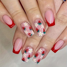 Red French Press on Nails Short Acrylic Nails Square Fake Nails with Strawberry Designs Light Pink Translucent Glue on Nails White Flowers Stick on Nails Spring False Nails for Women 24 Pcs