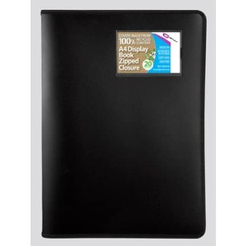 A4 Display Book with Zipped Closure with 20 Plastic Pockets Presentation Folder with Plastic Sleeves Black Copy Safe Cover