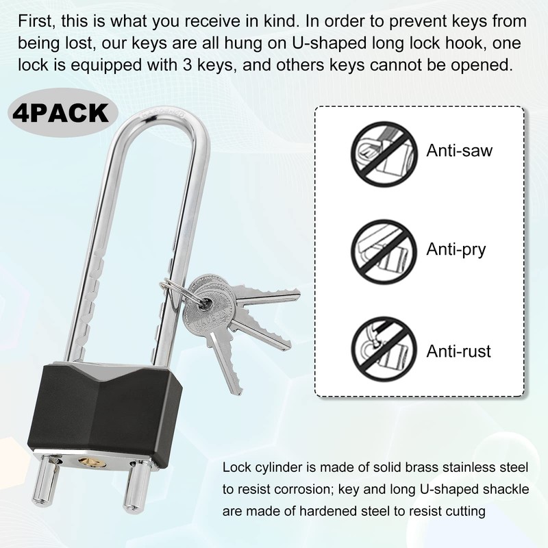4 Pcs Long Shackle Padlock with Key 2 Inch Solid