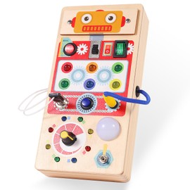 Asweets Montessori Wooden Busy Board Toy for Toddler, Red Robot Sensory Board with 8 LED Shape Light Switches, Travel & Gift Toys for Kids, 3.9''L x 2.0''W x 7.5''H