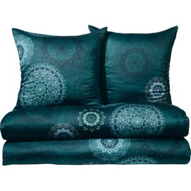 Erwin Müller Bed Linen Economy Pack 4-Piece Maco Satin Mandala Petrol Size 80 x 80 cm / 135 x 200 cm - Fine Thread, Temperature-Regulating, Breathable, 100% Cotton, with Zip