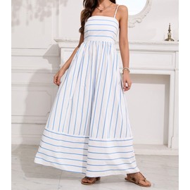 chouyatou Women's Striped Back Smocked Maxi Dress Sexy Spaghetti Strap Cut Out Flowy Swing Long Dress (Large, Blue White)