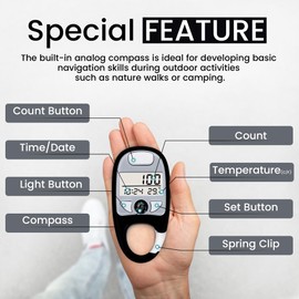 Multi-Function Digital Tally Counter with Compass, Clock, Date and Temperature Display – Handheld Clicker with Spring Clip for Belt or Bag–Ideal for Sports, Meditation, Golf, Knitting and More–Black