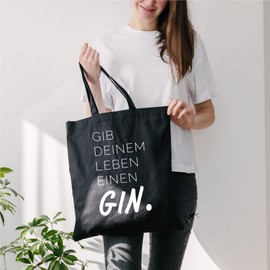 Donari® Cotton Bag Black with Saying - Jute Bag Shopping - Fabric Bag for Food Made of 100% Cotton - Fabric Bag Sustainably Printed for Shopping (Gin)