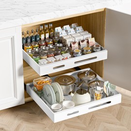 HBL' 2 Pack | 21" Deep Pull Out Cabinet Organizer Adhesive, Expandable Width (13.8”–22.0”) Sturdy Carbon Steel Roll-Out Drawers for Face Frame or Frameless Cabinets,Slide-Out Shelves for Pantry.