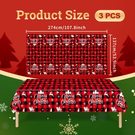 3-Piece 54 x 108 Inch Merry Christmas Plastic Tablecloth - Red and Green Design with Christmas Tree Holiday Decorations, Disposable Rectangle Table Cover for Xmas Party Supplies, Indoor Outdoor Decor