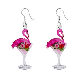 Cute Wine Glass Flamingo Flower Pink Dangle Drop Earrings for Women Teen Girls Dainty Lightweight Acrylic Animal Hook Statement Dangling Hanging Hypoallergenic Fashion Jewelry Party Valentine's Day