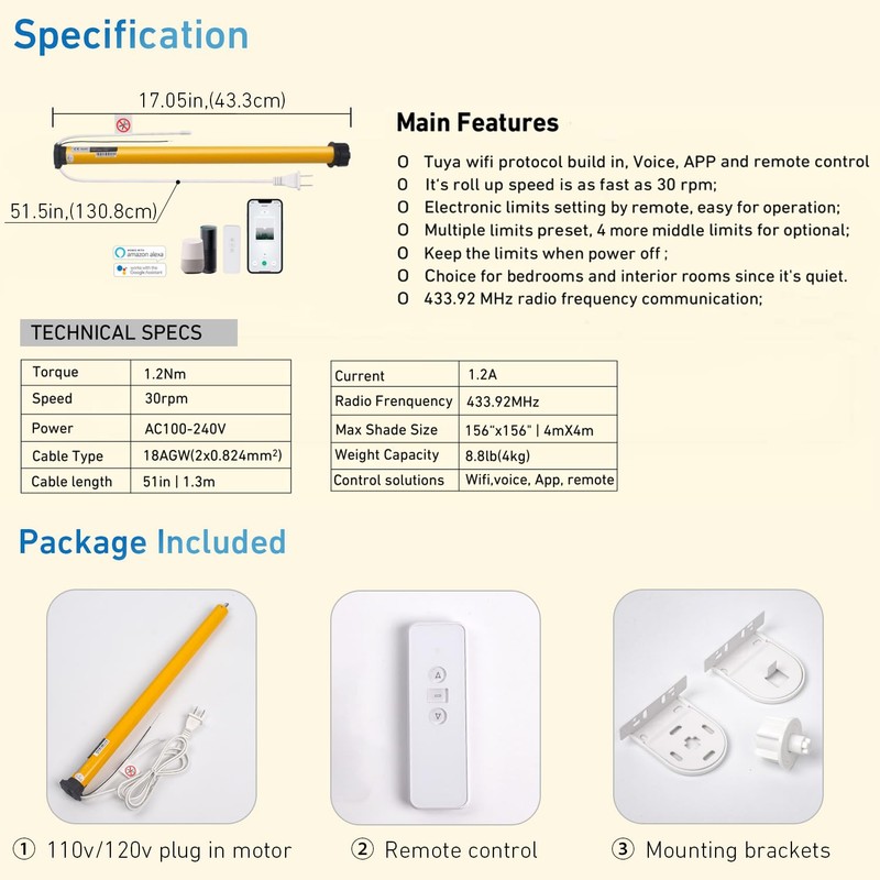 WiFi Smart Blinds Motor, 110V/120V Wired Smart Roller Shades Motor