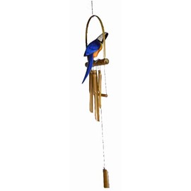 Hand Carved Bamboo Wooden Bobbing Blue Parrot Bird Wind Chime Tropical Tiki Garden Home Pool Patio Decor
