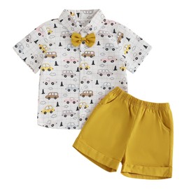 Toddler Infant Baby Boy Summer Gentleman Outfits Short Sleeve Cartoon Print T Shirts Top and Elastic Waist Shorts 2Pcs Tracksuit Sets Formal Clothes for Little Boys (Light Yellow, 3-4 Years)