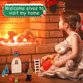 Kiiwah Gnome Door Accessories Christmas Set, Miniature Christmas Gnome Door Set, Elf Door, Fairy Door Made of Wood with 11 Accessories, Nissedor Christmas Decoration for Children, Gifts
