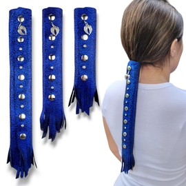 BLUE Glitter Leather Hair Wrap 6" inch to 22" - Handmade Ponytail Sleeve Long Hair Protector Frizz Saver | Colorful Bike Hair Tie Motorcycle Helmet Accessory Fringe & Crystals Made in USA (16 inch)