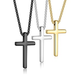Yooblue Cross Necklace for Men - Cross Chain for Men, Silver Black Gold Stainless Steel Cross Pendant Necklace for Mens, Silver Black Gold Chain for Mens 24 Inch