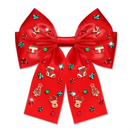 Christmas Hair Bows for Women Christmas Bow Tree Hair Bow Clips Jeweled Big Red Green Hair Bows Long Tail Satin Holiday Hair Ribbons Christmas Accessories Costume Outfits Gifts