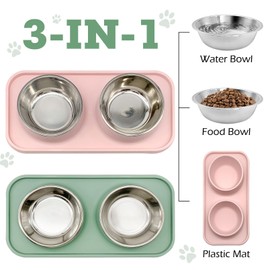 BNOSDM 2 Pcs Double Dog Food Bowls, Stainless Steel Small Dog Food and Water Bowls with Non-Spill Plastic Mat, Pet Cat Feeder Dish Set for Puppy Cats Kitten, Pink and Green
