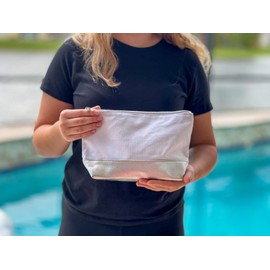 Contessa Classic Creations Makeup Bag Travel Cosmetic Bag - Canvas Make Up Bags for Women Girl Teen Bridesmaids Gifts - Rose Gold Silver Travel Essentials Accessories Large (White Canvas Silver)