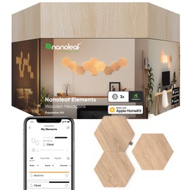 Nanoleaf Elements Wood Look Smart Wall Lights, Hexagon LED Wall Lights Work with Alexa Google Assistant, Home Wall Decor for Living Room with Music Sync, Ambient White 1500-4000K, Expansion 3 Panel