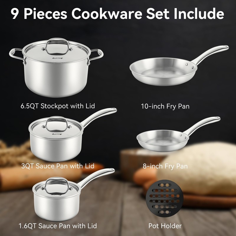 Duxtop Whole-Clad Tri-Ply Stainless Steel Induction Cookware Set, 9PC Kitchen