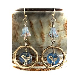 Bronze Earrings with Blue Birds and Tulips Spring Nature Jewelry Earrings for Women #3298FE3209