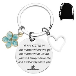 LEEQBCR 1 x Blue Floral Heart Round Keychain, Inspirational Gift for Girlfriend, Mum & Sister, with Black Velvet Pouch