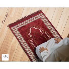 TB Islamic Prayer Rug plush Soft Velvet Muslim Mat Unique Arabic Turkish African Embroidered Design Prayer Bead Daily Salah Prayer Meditation Ramadan Eid Gift for Women Men Kids (Red)