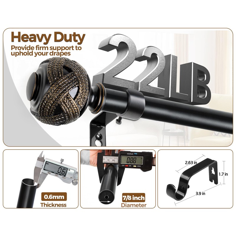 USFOOK Black Curtain Rods for Windows 72 to 144 Inch,