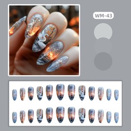 CJDLTS Press on Nails Almond Medium Swan Flame Jungle Pattern Design Full Cover Glossy Acrylic Fake Nail Smudge Almond Tip Artificial Fingernails 24Pcs Press Ons Medium Glue on Nails for Women