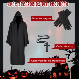 Capa Negra Disfraz Halloween Hombre Mujer, 3PCS con Abrigo Negro, Collar con Cruz y Guantes,Costume Capa,Disfraz Cosplay,Disfraces de Halloween Decoracion,Halloween Costume,Adornos