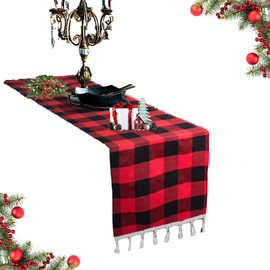 DUOBAO Buffalo Check Table Runner 108 Inches Tassel Plaid Tablecloth Runners Black Checkered Fabric 14x108-Inch Red Gingham Farmhouse Style