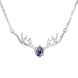 Lauren-Spencer Deer Antlers Necklace for Women Dainty Silver Plated Teardrop Birthstone Deer Necklace Pendant Deer Charm Necklaces for Women Jewelry Gift (February+Created Amethyst)