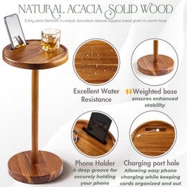 Drink Table, 24.4" Tall Compact Side Table with Phone Slot and Weighted Base, Durable Pedestal Table Accent for Living Room (Flat, Acacia)