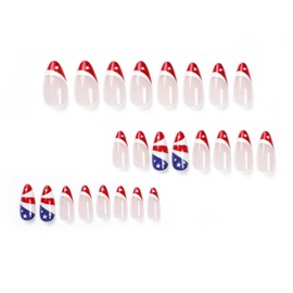 Slanted French Tip Press on Nails Almond Glue on Nails Medium Length Independence Day Fake Nails 4th of July False Nails Glossy Glitter Stick on Nails Star Patriotic Acrylic Nails for Women and Girls