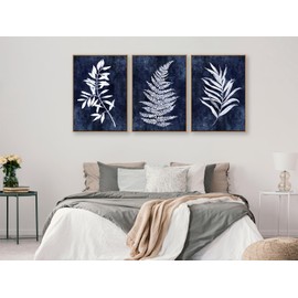 Large Framed Canvas Wall Art - Natural Float Framed Rustic White Leaf Pictures Wall Art Prints for Living Room Decor Indigo Plant Artwork Decorations for Bedroom Kitchen Home Office 60" X 28" Set of 3