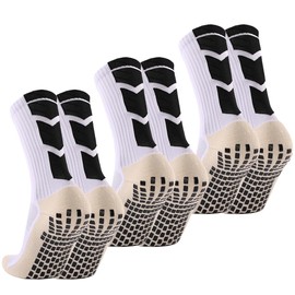 PUJANE 3 Pairs Soccer Socks with Grip Pads Anti Slip Non Slip Football Basketball Sports Athletic Socks for Men Women (White)