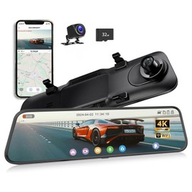 Retrovisor con Camara, Cámara de Espejo retrovisor, 10" Dashcam para Auto Frontal y Trasera WiFi, 4K con Pantalla Táctil, 64GB Card, Monitor de Aparcamiento, Grabación En Bucle