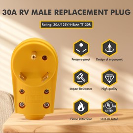 NEMA TT-30P 30 Amp RV Plug, 125V Heavy Duty Replacement Male Plug with Ergonomic Grip Handle for RV, Camper, Caravan, Generator Cord ETL Listed Micmi (30A Male Plug)