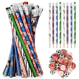 Goldge 48 Sports Pencils for Kids and 48 Pcs Erasers, Baseball Soccer Basketball Pencils #2, Fun Pencils Erasers, Birthday Pencils, School Office Supplies, Kids Students Gift