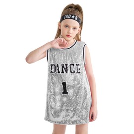 LOLANTA Girls Hip Hop Dance Clothes Kids Jersey Sequin Dress Long Tank Top Jazz Cheerleading T-Shirt(Silver,6-7)