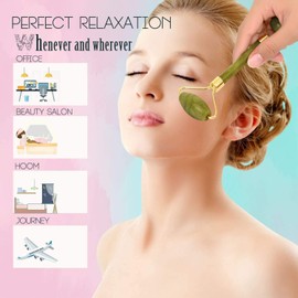 【3 PCS】Jade Roller & Gua Sha Massage Kits, LauCentral Natural Anti-Aging Face Roller for Eye Puffiness Treatment, Skin Tightening, Rejuvenate Face & Neck, Natural Green Massager