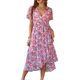 PRETTYGARDEN Women's Summer Floral Boho Dress Wrap V Neck Short Sleeve Ruffle A-Line Flowy Maxi Wedding Guest Dresses (Pink Floral,X-Large)