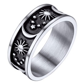 FaithHeart Stainless Steel Ring with Engraving Star Moon Sun Finger Ring Punk Gothic Signet Ring Vintage Band Ring Finger Ring in Ring Size 54-72 Partner Ring for Men Women